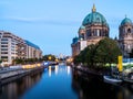 View of the city river at the cathedral in Berlin at sunset.