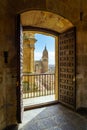 View of the city of Salamanca at sunset from the balcony of a medieval palace. Royalty Free Stock Photo