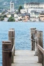 View of the city San Giulio pier and the island of San Giulio, Lake Orta,Piedmont , Italy Royalty Free Stock Photo