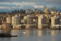 View on city skyline with buildings on the Vancouver, British Columbia, Canada from container terminal Fraser Surrey Docks. Royalty Free Stock Photo