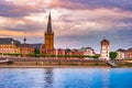 View at the city skyline central Dusseldorf from the rhine river, Dusselfdorf Germany