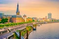 View at the city skyline central Dusseldorf from the rhine river, Dusselfdorf Germany