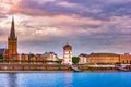 View at the city skyline central Dusseldorf from the rhine river, Dusselfdorf Germany