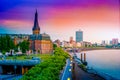 View at the city skyline central Dusseldorf from the rhine river, Dusselfdorf Germany