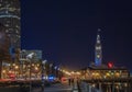 View of the city skyline in the Financial District along the waterfront and Ferry Building at night, San Francisco, USA Royalty Free Stock Photo