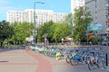 View of city street with bicycles. City bike rental