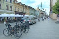View of city street with bicycles. City bike rental