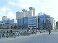 View of city street with bicycles. City life in Lodz