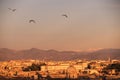 View of the city at sunset. On the horizon tops of mountains in the snow. Rome.