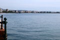 View of city of Thessaloniki, Greece. Thermaikos Gulf and White Tower. Thessaloniki waterfront, blue sea and sky, wide shot.