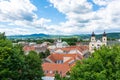 View of city Trencin, Slovakia. Beautiful town square with panoramic view to ancient Castle on the hill. Summer day with blue sky Royalty Free Stock Photo