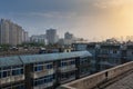 View of the city of Xian at sunset, with residential buildings, in China