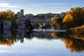 View of the city of Zamora and watermills and the romanesque cathedral in autmn at sunset Royalty Free Stock Photo