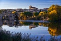 View of the city of Zamora and watermills and the San Pedro Church in the background in autmn Royalty Free Stock Photo