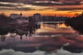 View of cityscape in the evening. Church of Blessed Xenia of St. Petersburg left on the riverbank of the river Southern Bug