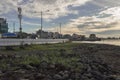 View on cityscape of Jeju from lavarock shore