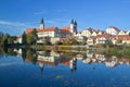View Of The Cityscape Of Telc And Reflection In Water.