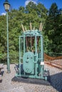 View of a classic electric energy transformer, used with industrial hydroelectric generator turbines Royalty Free Stock Photo