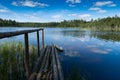 View of the clear forest lake. Lake Moshno. Moshino. Wooden bridges. Pskov region. Velikoluksky district