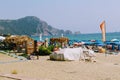 View of Cleopatra Beach: sea, sand, sun beds and beach umbrellas Royalty Free Stock Photo