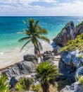 A view from the cliff top down to an isolated beach at the Mayan settlement of Tulum, Mexico Royalty Free Stock Photo