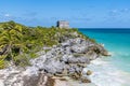 A view from the cliffs along the coast at the Mayan settlement of Tulum, Mexico Royalty Free Stock Photo