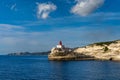 View of the cliffs of Bonifacio and the Madonetta lighthouse at the harbor entrance