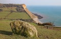 View of the cliffs at Salcombe Regis beach from the South West Coastal path on Salcombe Hill cliff above Sidmouth, East Devon