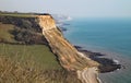 View of the cliffs at Salcombe Regis beach from the South West Coastal path on Salcombe Hill cliff above Sidmouth, East Devon