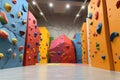 a view of a climbing wall with various shaped handholds and footholds