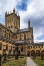 View of the cloister and cemetery of the 12th-centruy Gothic Wells Cathedral in Somerset