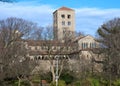 A view of the Cloisters Museum in Fort Tryon Park in Washington Heights  Manhattan  NYC in winter with bare trees Royalty Free Stock Photo