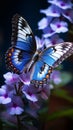 view Close up a butterfly delicately perched on blue flowers in the garden