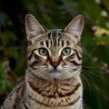 view Close up portrait of striped cat with green eyes and whiskers