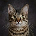 view Close up portrait of striped cat with green eyes and whiskers