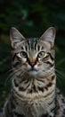 view Close up portrait of striped cat with green eyes and whiskers