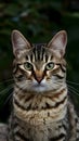 view Close up portrait of striped cat with green eyes and whiskers