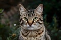 view Close up portrait of striped cat with green eyes and whiskers