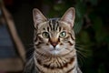 view Close up portrait of striped cat with green eyes and whiskers