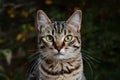 view Close up portrait of striped cat with green eyes and whiskers