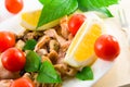 View close-up on a salad of blanched pieces of seafood Royalty Free Stock Photo