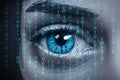 view Closeup human eye with digital binary code 3D rendering, symbolizing technological vision Royalty Free Stock Photo