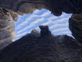 View of the clouds in the sky from the window of the cave