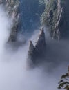 View of the clouds and valley of the mountain peak at the Huangshan National park, China. Landscape of Mount Huangshan of the