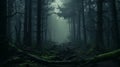 View of a cloudy forest. Fairytale-like woodlands that look eerie on a foggy day. Early morning fog in a scary woodland