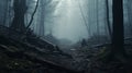 View of a cloudy forest. Fairytale-like woodlands that look eerie on a foggy day. Early morning fog in a scary woodland