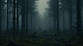 View of a cloudy forest. Fairytale-like woodlands that look eerie on a foggy day. Early morning fog in a scary woodland