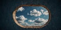 View of cloudy sky through a hole in a blue wall. Royalty Free Stock Photo