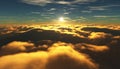 View of a cloudy sunrise while flying above the clouds.