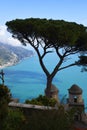 View of the coast below from a terrace in the Historic town of Ravello in the mountains in Southern Italy.